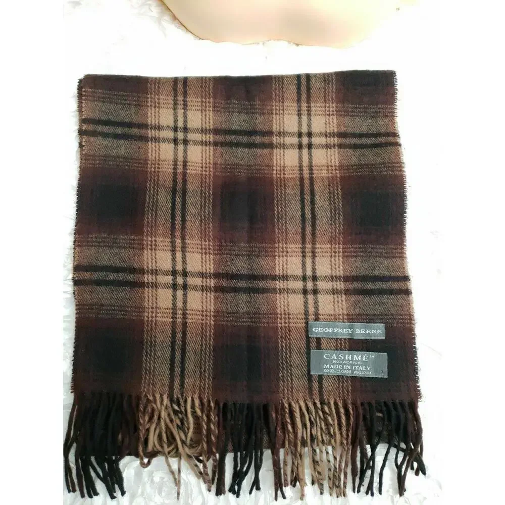 Geoffrey Beene Made in Italy Acrylic Brown Scarf Plaid Fringed 12